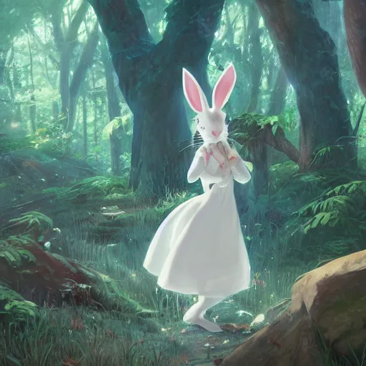 Image similar to concept art painting of an anthropomorphic white rabbit wearing a turquoise dress, in the deep forest, realistic, detailed, cel shaded, in the style of makoto shinkai and greg rutkowski and james gurney