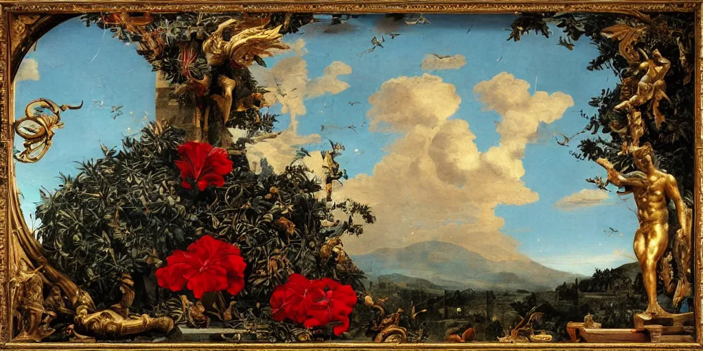 Prompt: tilt shift, italian masterpiece, sky in background, wyvern, wind rose, Ashford Black Marble, sculpture, baroque, draped with red Hibiscus and vines and spines, marble and hint gold, space, stars, clouds, suns, moons, drapes, fruits, Obsidian, pomegranade, armour, medieval globe, glass, portrait, mage, centaur, siren, lion, chariot, snails, render, artstation, ultra detailed