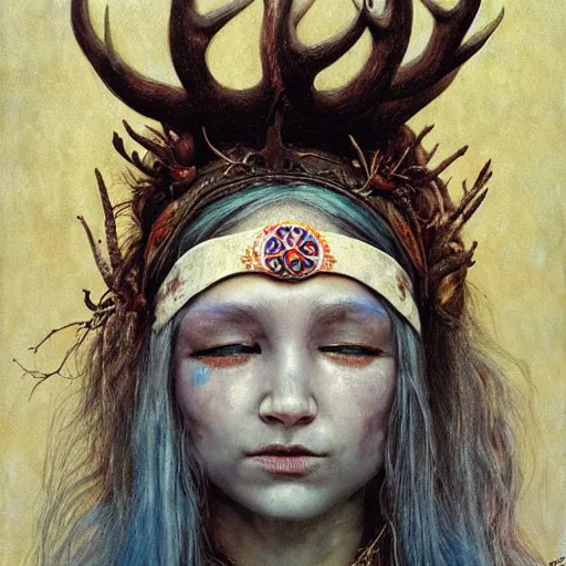 Image similar to A young female shaman blindfolded with a decorated headband like heilung, blue hair and antlers on her head, made by Esao Andrews and Karol Bak and Zdzislaw Beksinski