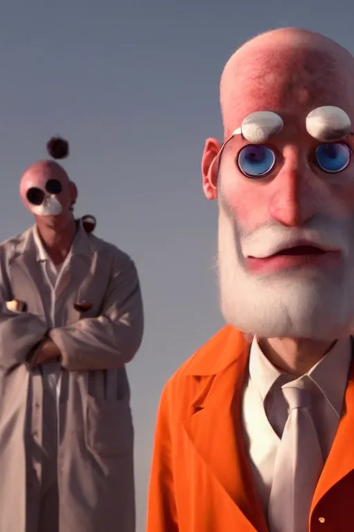 Image similar to a man with 3 eyes, man with a 3rd eye in the middle of his forehead, an awkwardly tall mad scientist with a 3rd eye a tangled orange beard balding head and unruly red hair wearing a labcoat, high resolution film still, movie by Robert Zemeckis and Ivan Reitman, 3rd eye in the middle of his forehead