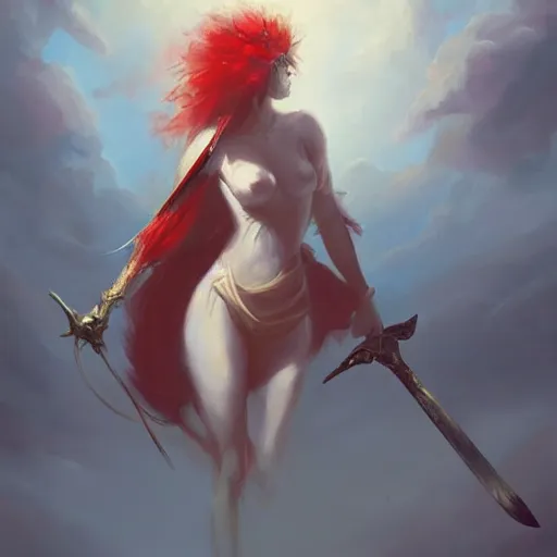 Prompt: a painting of a woman holding a sword, a digital painting by peter mohrbacher, trending on artstation, metaphysical painting, speedpainting, made of feathers, digital painting, painting made of feathers mist and cloud, the woman made of curly silk with red edges