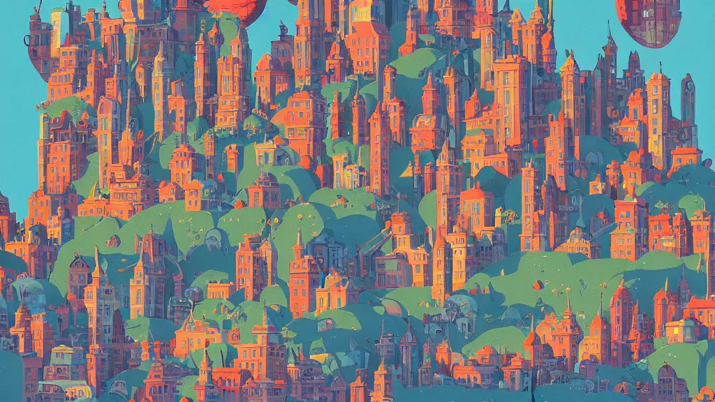 Image similar to city with buildings made entirely of decorated cakes, icing, gouache, ghibli animated film, stylised, illustration, by eyvind earle, scott wills, genndy tartakovski