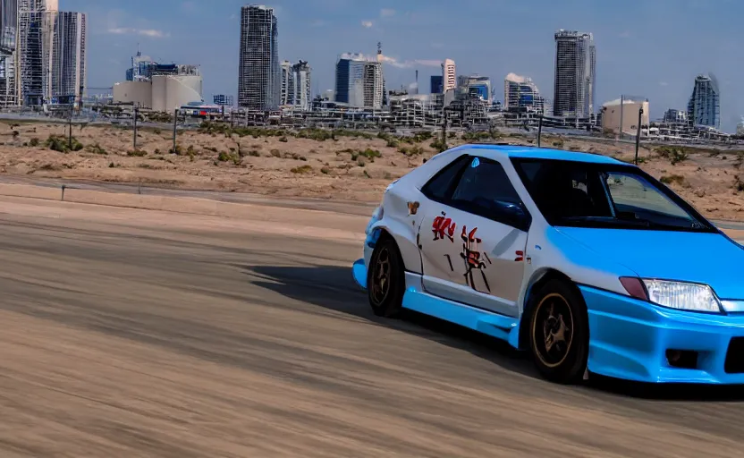 Prompt: photograph of a cell-shaded Honda EK9 Type-R, with an anime girl car wrap, speeding on a desert road with a futuristic city in the horizon, kicking up dirt, action shot, one point perspective, 1-point perspective, tilt shift, sigma 85mm f/1.4, 4k, depth of field, high resolution, 4k, 8k, hd, full color