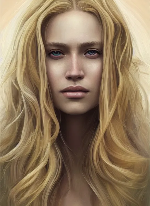 Image similar to a painting of a woman with long blonde hair, a photorealistic painting by magali villeneuve, featured on cgsociety, fantasy art, detailed painting, photorealistic