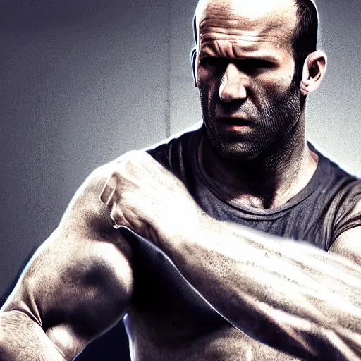Image similar to jason statham fighting keyboard, half body shot, path traced, fight scene, highly detailed, high quality, digital painting