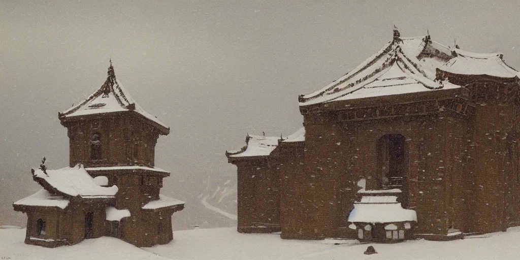 Prompt: observatory covered by snow, temple, tibetian mountains by Fernand Khnopff