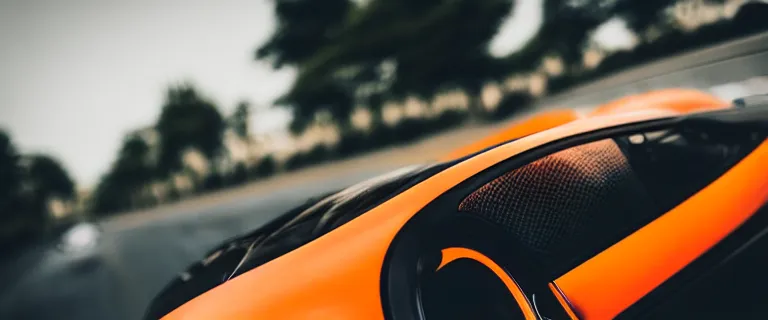 Prompt: orange and black Bugatti Veyron, driving in South Tangerang, South Jakarta, Indonesia, close up shot, Tilted frame, dutch angle, Deep depth of field, Midday, harsh overhead sunlight, directional sunlight skewed shot, trending on artstation,