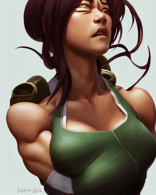 Image similar to full figure ultra realistic illustration, toph from avatar last airbender as thick female bodybuilder zarya from overwatch smiling with closed eyes, intricate, elegant, highly detailed, digital painting, artstation, concept art, smooth, sharp focus, illustration, art by artgerm and greg rutkowski and alphonse mucha