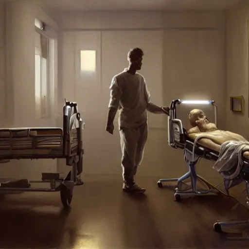 Prompt: epic masterpiece of cinematographic hyperrealism where a robot appears attending to a patient in the hospital. realistic shaded lighting poster by craig mallismo, artgerm, jeremy lipkin and michael garmash, unreal engine, radiant light, detailed and intricate environment, digital art, art station trends