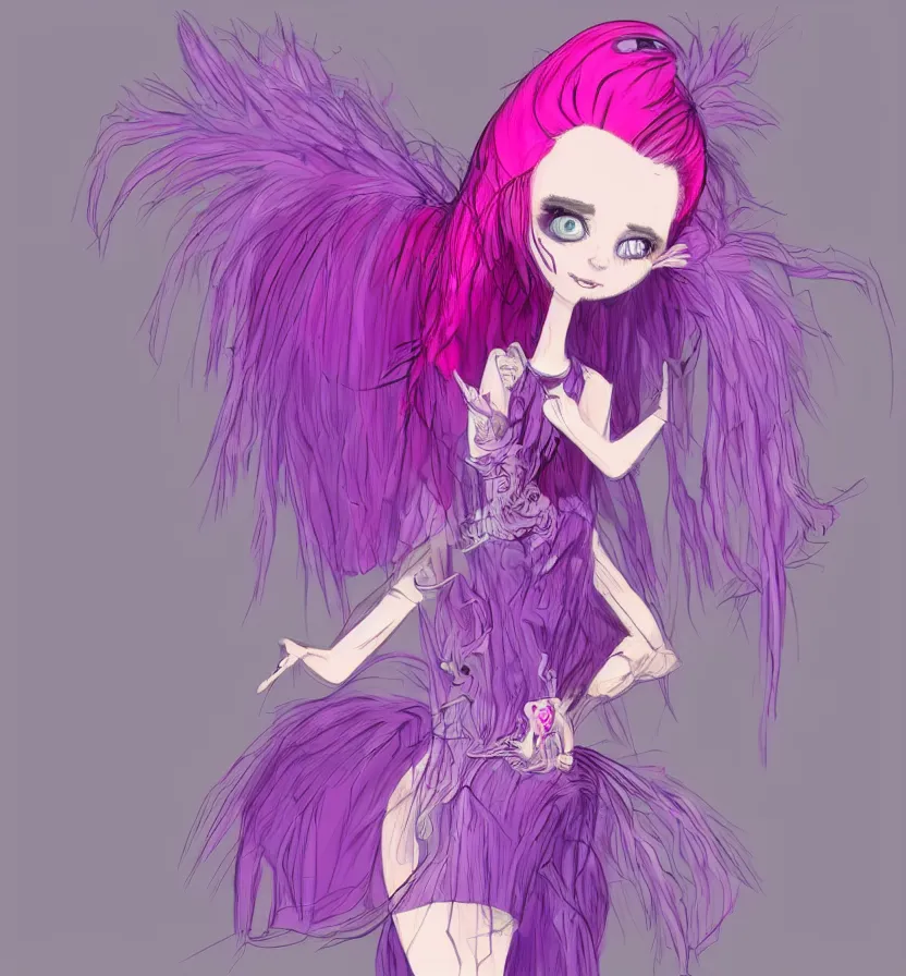 Image similar to little girl with eccentric pink hair wearing a dress made of purple feathers, anatomically perfect, concept art, cartoon art style