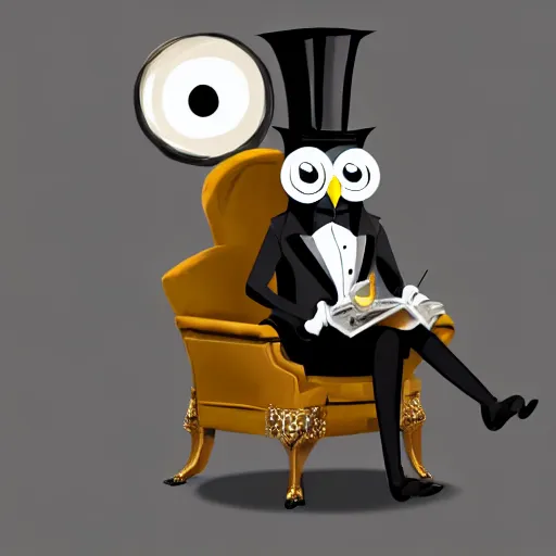 Prompt: a well-dressed owl wearing a monocle and a top hat, sitting in an armchair and reading a book, digital painting, concept art, trending on artstation, highly detailed