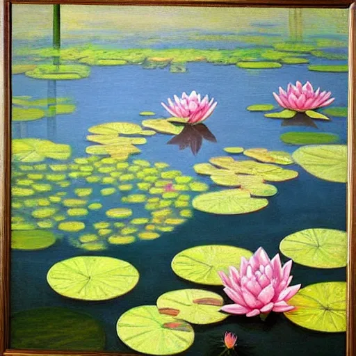 Image similar to A peaceful painting that shows a pond with water lilies floating on the surface. The colors are soft and calming, and the overall effect is one of serenity and relaxation. comatesque inlay by Chantal Joffe, by Jacek Yerka, by Ross Tran