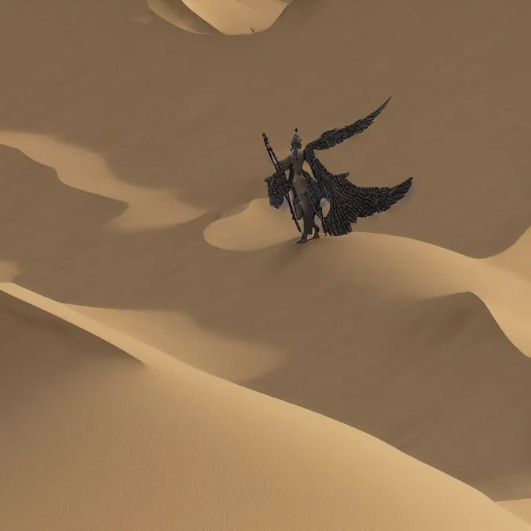 Image similar to detailed silhouette of Archangel Raphael with detailed feathered metallic wings and sword, desert planet orbited by three moons, highly detailed dunes, highly detailed rock formations, sand storm, low camera angle, atmospheric establishing shot, cinematic lighting, octane renderer, 4k,