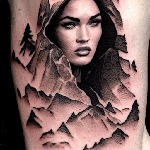 Image similar to megan fox as beautiful mountains, double exposure effect, medium sized tattoo sketch, amazing detail, on pinterest