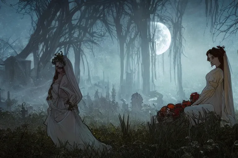 Image similar to an ultra detailed animation of a ghost bride in a graveyard at midnight on halloween, digital art, dark fantasy, concept art, soulslike, by alphonse mucha, blood moon eclipse, ruined building in the background, artstation, 8 k, unreal engine render