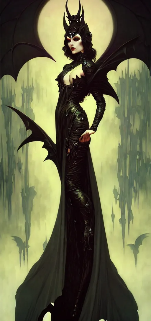 Prompt: close up painting a beautiful vampire queen in gothic robes with bat wings, by nekro, peter mohrbacher, alphonse mucha, elegant, highly detailed, artstation