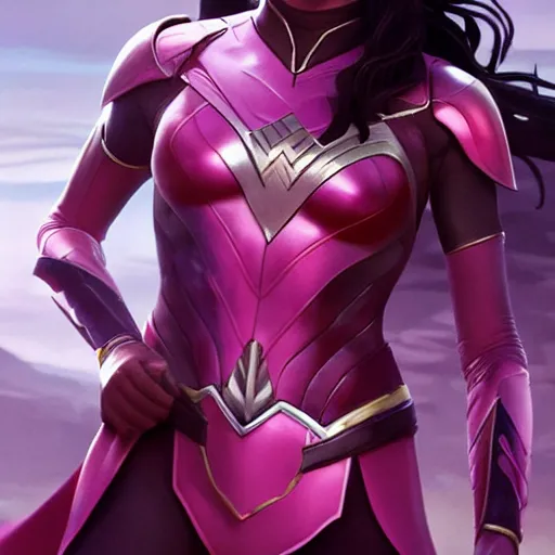 Image similar to gal gadot as the pink power ranger in the style of makoto shinkai zhaoming wu, john collier, albert aublet, cedric peyravernay. sharp focus, semi - realism, intricate detail. unreal engine, octane rendering