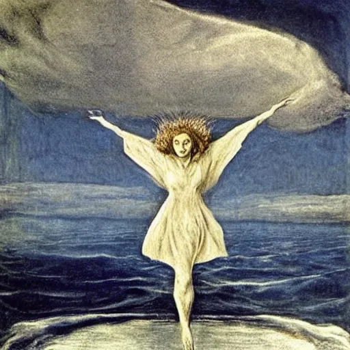 Prompt: Jessica Lange levitating over the sea. El Greco, Remedios Varo, Salvador Dali, Carl Gustav Carus, John Atkinson Grimshaw. Blue tint. Symetrical, logo, geometric shapes.