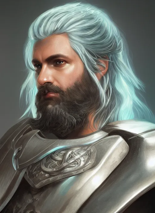 Image similar to an epic fantastic realism comic book style portrait painting of an aasimar paladin, male, angel wings on back, silver hair, short brown beard, d & d concept art, unreal 5, daz, teal aesthetic, octane render, cosplay, rpg portrait, dynamic lighting