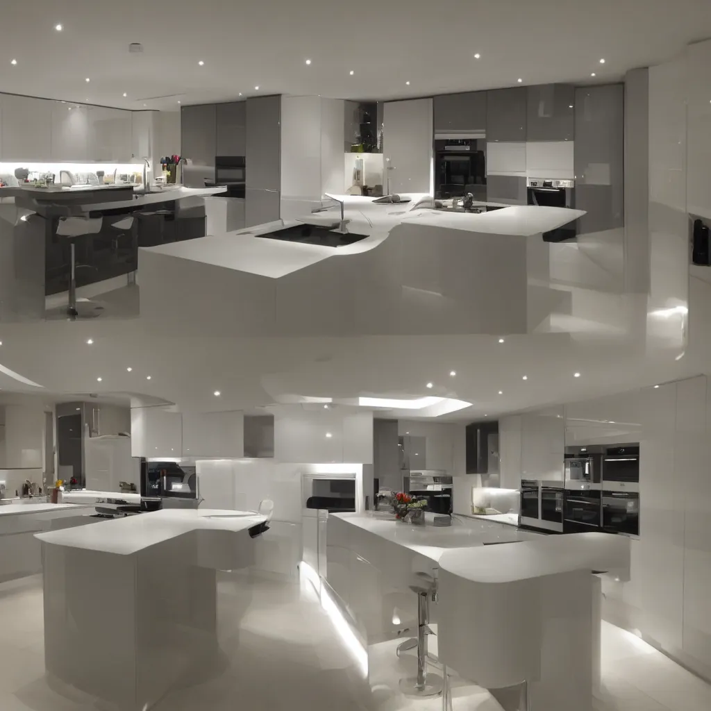 Image similar to modern kitchen with led strip lighting, homes and gardens, super detailed render, award winning,