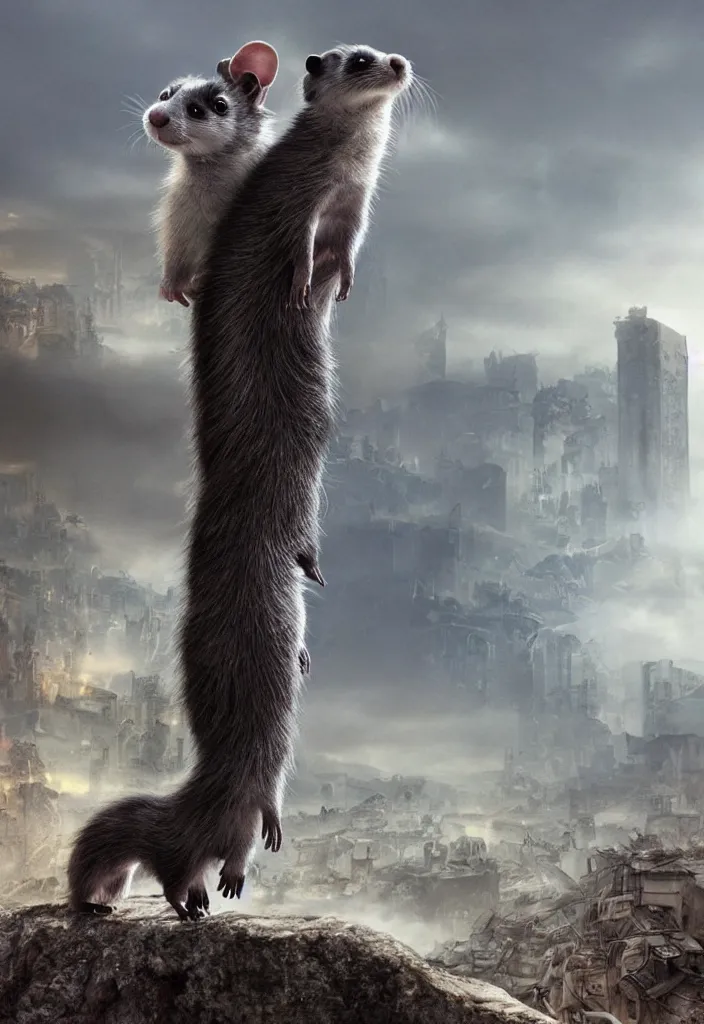 Prompt: A gray ferret standing on a rock, in the background is a destroyed dystopian city with mist, steampunk, digital art, very detailed, movie poster made by drew struzan, realistic