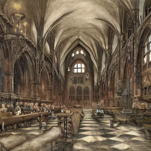 Image similar to howarts great hall, a detailed matte painting by anton pieck, deviantart contest winner, fantasy art, concept art, official art, matte drawing