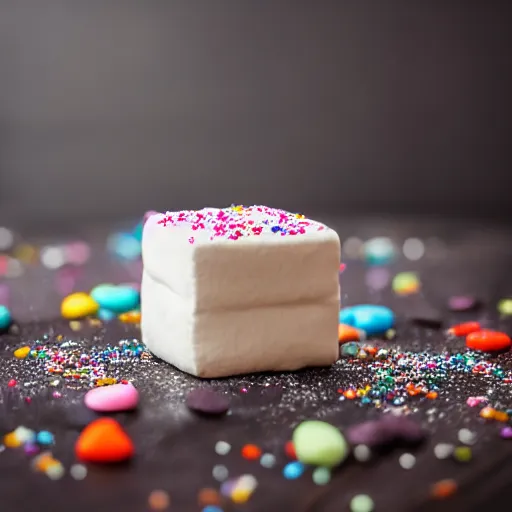 Image similar to photograph of a delicious marshmallow cube with sprinkles on a dark wooden chopping board, pastel colours, hessian cloth, styled food photography, photorealistic, 4 k