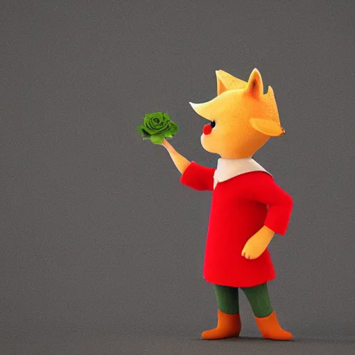 Image similar to the little prince holding a red rose and standing with a fox illustration, bokeh, octane render, award winning