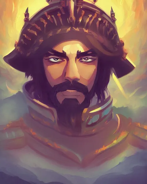 Image similar to digital painting of a conquistador by rossdraws and anato finnstark and studio ghibli, treasure island movie color scheme, symmetric, facial features, portrait, trending on artstation, masterpiece