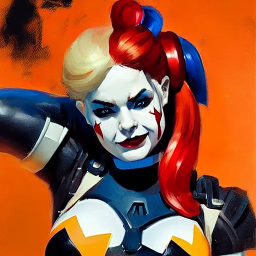 Image similar to greg manchess portrait painting of armored harley quinn as overwatch character, medium shot, asymmetrical, profile picture, organic painting, sunny day, matte painting, bold shapes, hard edges, street art, trending on artstation, by huang guangjian and gil elvgren and sachin teng