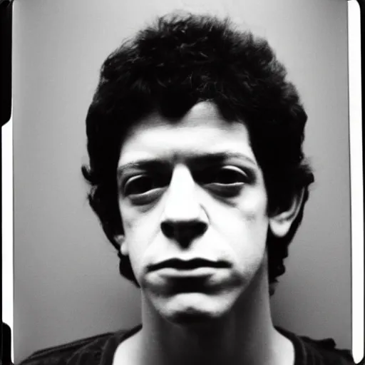 Image similar to Mugshot Portrait of Young Lou Reed, taken in the 1970s, photo taken on a 1970s polaroid camera, grainy, real life, hyperrealistic, ultra realistic, realistic, highly detailed, epic, HD quality, 8k resolution, body and headshot, film still, front facing, front view, headshot and bodyshot, detailed face, very detailed face