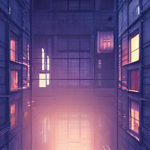 Image similar to One dilapidated building with only one window glowing. ArtStation, Cyberpunk, Vertical Symmetry, 8K, Highly Detailed, Intricate, Album Art.