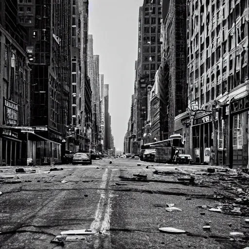 Image similar to highly detailed photo of abandoned New York city street at night after the war between humans and AIs, film grain, soft vignette, Canon EOS Digital Rebel XTi, 100-300mm Canon f/5.6, Exposure time: 1/160, ISO 400