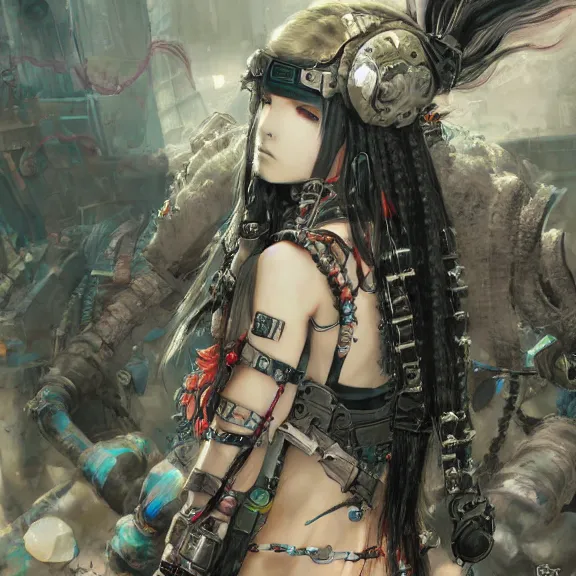 Image similar to cybergoth, tankoban, 4 k, tone mapping, akihiko yoshida, james jean andrei riabovitchev marc simonetti, yoshitaka amano, long hair, curly, h. hydrochaeri