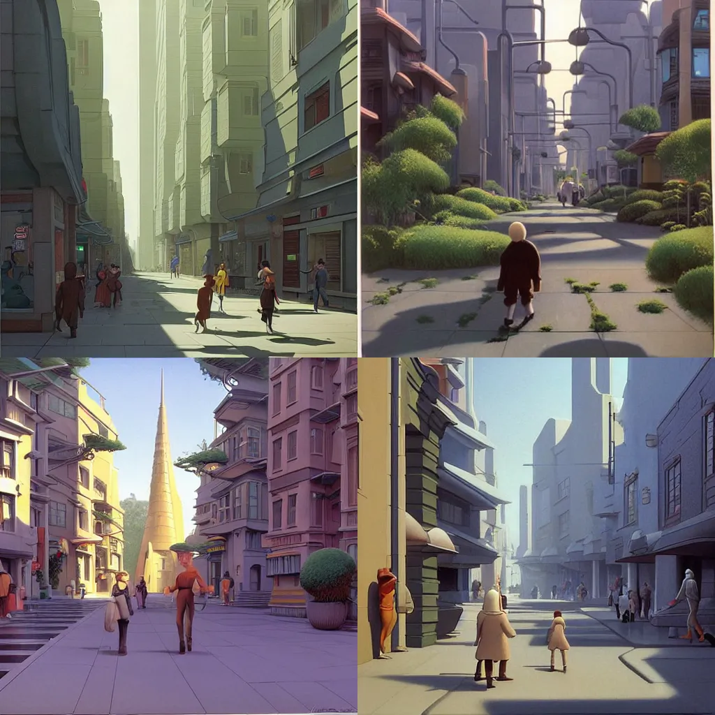 Prompt: a stroll through the tranquil plant - draped pedestrian streets of a close futuristic joyful, renewable sunny beautiful town. concept art by ralph mcquarrie