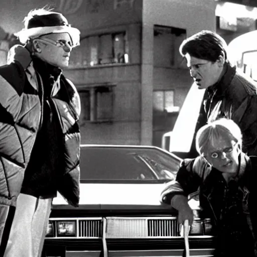 Prompt: a scene from the movie back to the future ( 1 9 8 5 ) starring tom holland and quentin tarantino