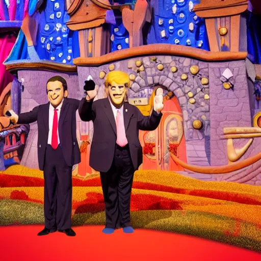 Prompt: three puppets inside the its a small world ride at disneyland that look like donald trump and greg abbott and ron desantis, highly detailed, high definition, ultra realistic