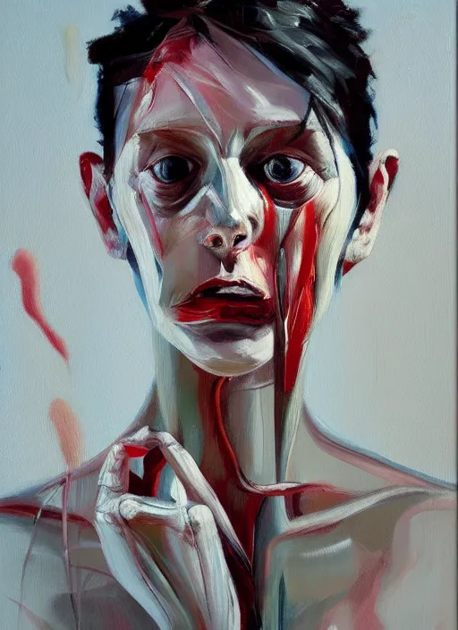 Prompt: an oil painting of an emotional person by simon birch, lines and movement, enigmatic and ectoplasmic figure, aesthetically pleasing and harmonious colors