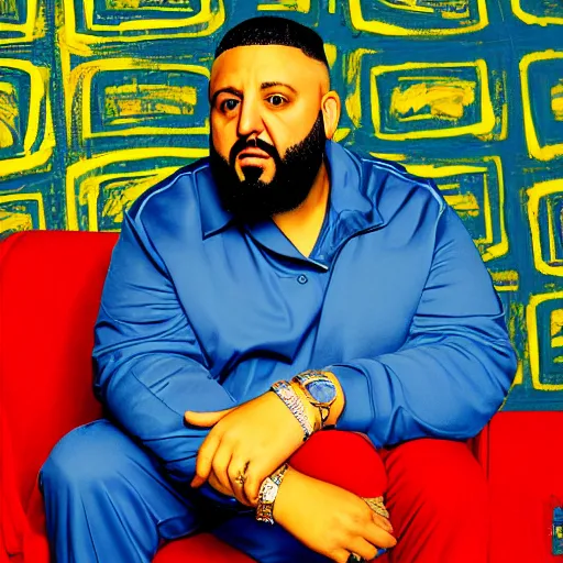 Image similar to ultra detailed portrait photo of dj khaled in a studio, blue, under red and yellow cinematic lighting, by van gogh, cartoon