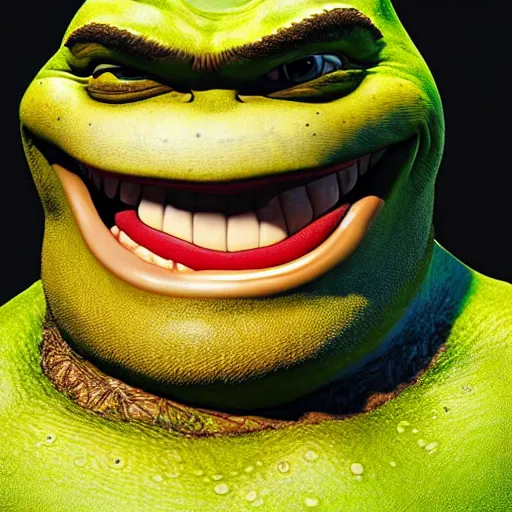 Image similar to a close up portrait from an awkward fisheye angle of shrek with large bloodshot eyes bulging out of their sockets as shrek's mouth is agape from coughing profusely
