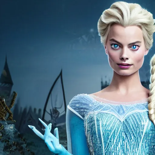 Image similar to Margot Robbie as Elsa in disney frozen live action, 8k full HD photo, cinematic lighting, anatomically correct, oscar award winning, action filled, correct eye placement,