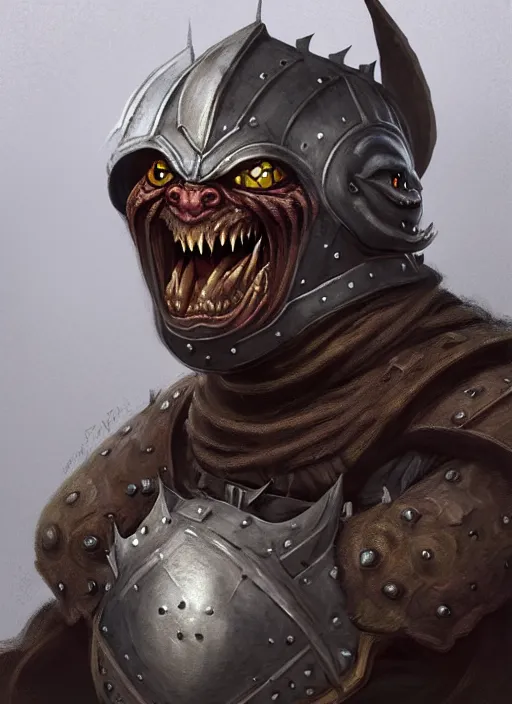 Prompt: portrait of an angry medieval goblin in the armor, beautiful face, hyper realistic, highly detailed, digital painting, artstation, illustration, concept art by hyung tae and frank frazetta, digital paint, matte paint, washed colors, eating cakes, dark, gloomy, foggy