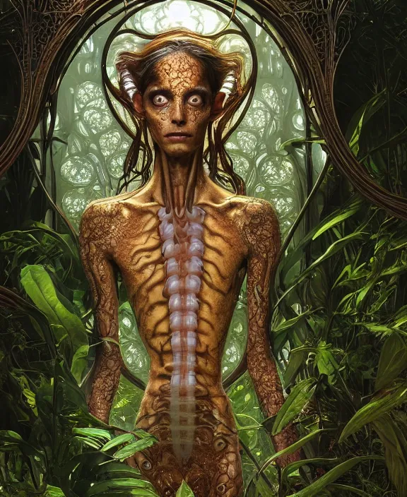 Image similar to intricate ornate opulent transparent clear see - through portrait of a terrifying beautiful skinny male alien centipede, mottled coloring, adorable, childlike, overgrown jungle environment, ultra realistic, concept art, art nouveau, photorealistic, octane render, 8 k, unreal engine. art by christopher marley and artgerm and greg rutkowski and alphonse mucha