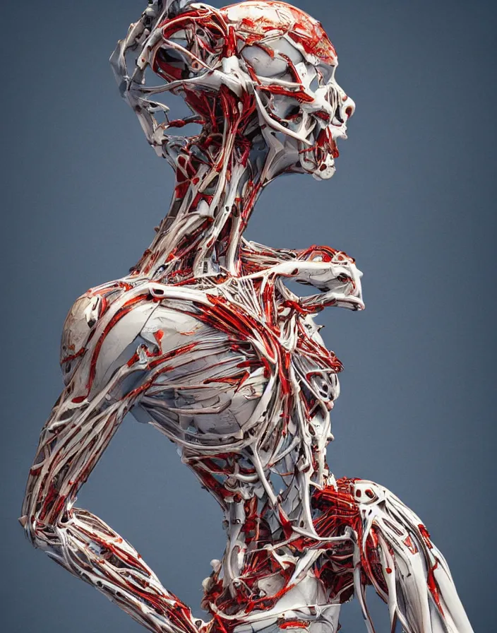 Prompt: positing on rock woman in form of sculpture with many biomechanical details, full lenght view. white plastic, skull, muscles, tumors, veins, biomech. Vogue magazine. halo. octane rendering, cinematic, hyperrealism, octane rendering, 8k, depth of field, bokeh. iridescent accents. vibrant. teal gold and red color scheme