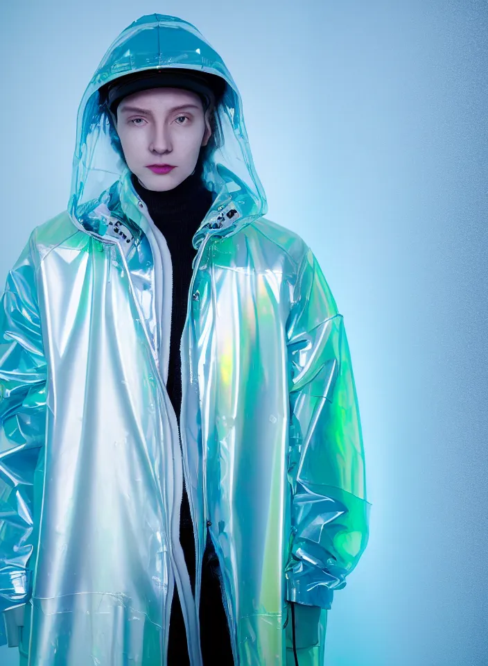 Prompt: an ultra high definition professional studio quality photograph of an artificially intelligent cyberpunk art influencer wearing a transparent iridescent pastel coloured visor and matching wavey raincoat on white coat hook in a sheer icelandic black rock environment. three point light. dramatic lighting. volumetric shadows. light rays