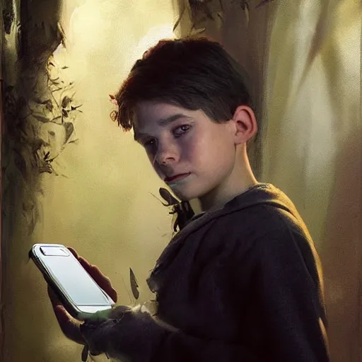 Prompt: epic masterpiece of cinematographic hyperrealism where a boy dressed up for halloween appears taking a photo with his happy phone. realistic shaded lighting poster by craig mallismo, artgerm, jeremy lipkin and michael garmash, unreal engine, radiant light, detailed and intricate environment, digital art, art station trends