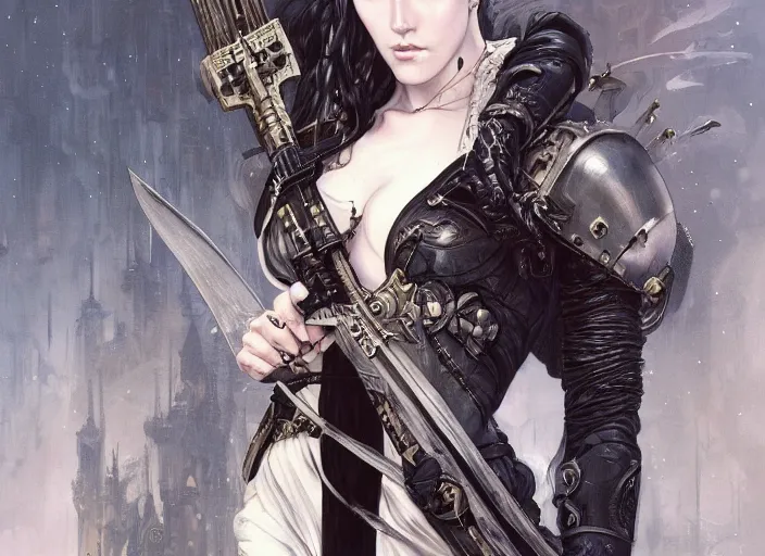 Image similar to beautiful pale gothic maiden with sword killing Nicolas Cage, warhammer 40000, cyberpunk, intricate, elegant, highly detailed, digital painting, artstation, concept art, smooth, sharp focus, illustration, art by artgerm and greg rutkowski and alphonse mucha and Gustav Klimt and Ilya Kuvshinov