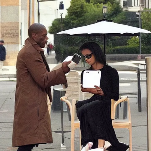 Image similar to modern day cleopatra sitting at starbucks using a phone. modern day julius caesar standing next to her with an umbrella at hand. hyper realistic.