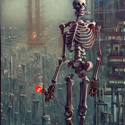 Image similar to cyborg skeleton robot, sharp boney angles, wires and lights exposed, skeleton has guns for hands, detailed cyberpunk city in background, beksinski style oil pairing on canvas, highly detailed