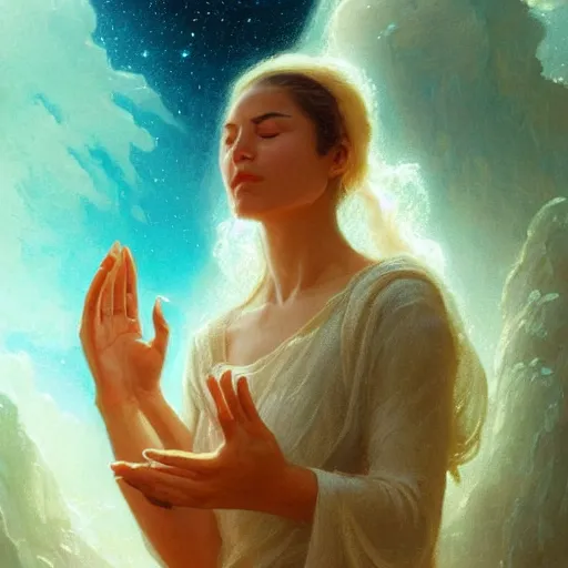 Image similar to A woman holding!!!!! Earth!!!!! in her eloquently gentle palms while she solemnly meditates about what to do next in the creation of the universe, illustrated by Greg Rutkowski and Gaston Bussiere, vividly radiantly beautiful lighting, closeup!!!!!, portrait imagery!!!!!, dazzling dappled lighting, subsurface scattering, light refractions, trending on artstation, 4k, 8k!!!!!